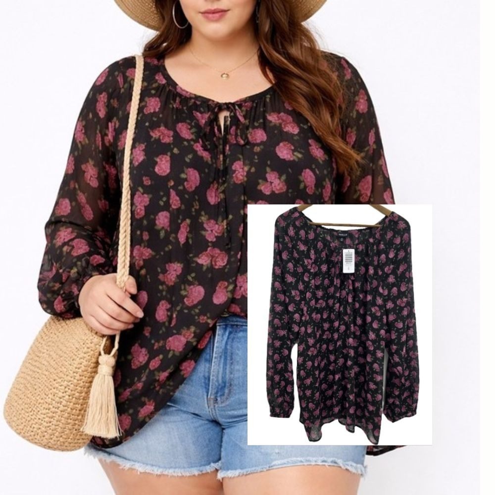 Torrid Sheer Floral Blouse Tie Neck Long Sleeve NWT Black Pink Womens 4X